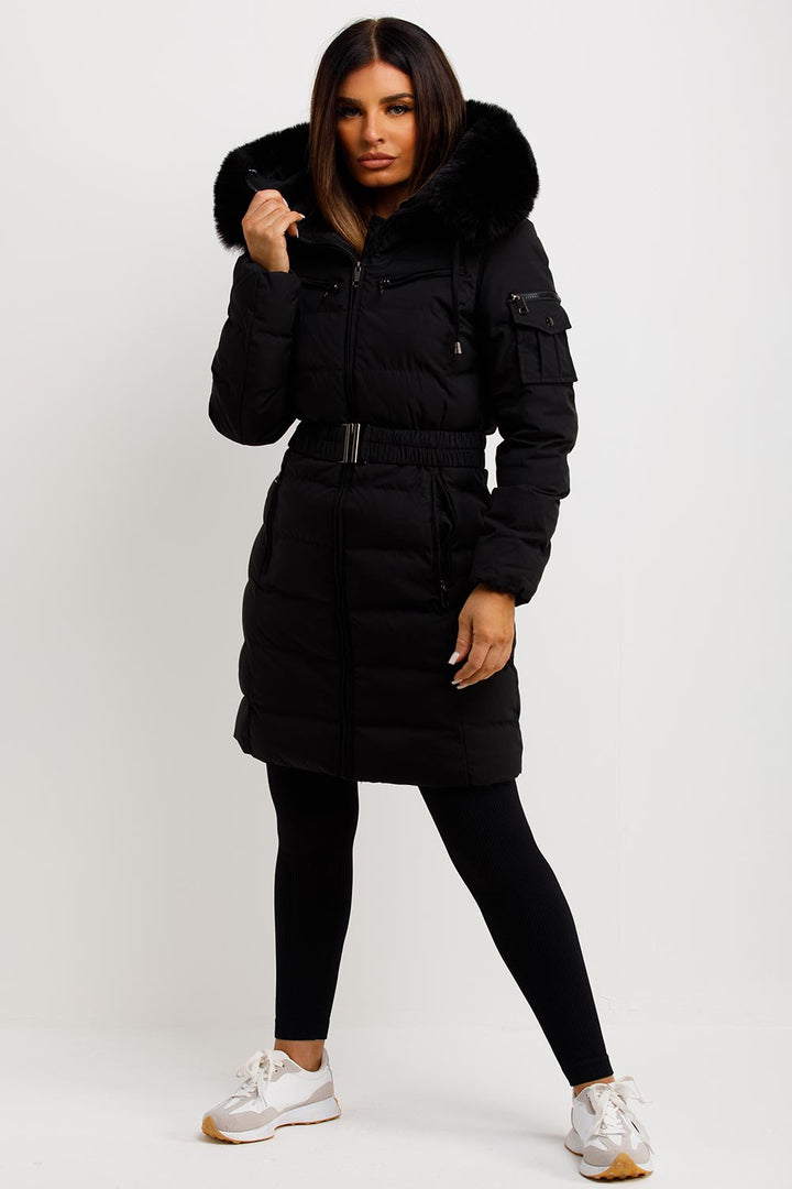 Khloe | Women’s long puffer coat with faux fur hood