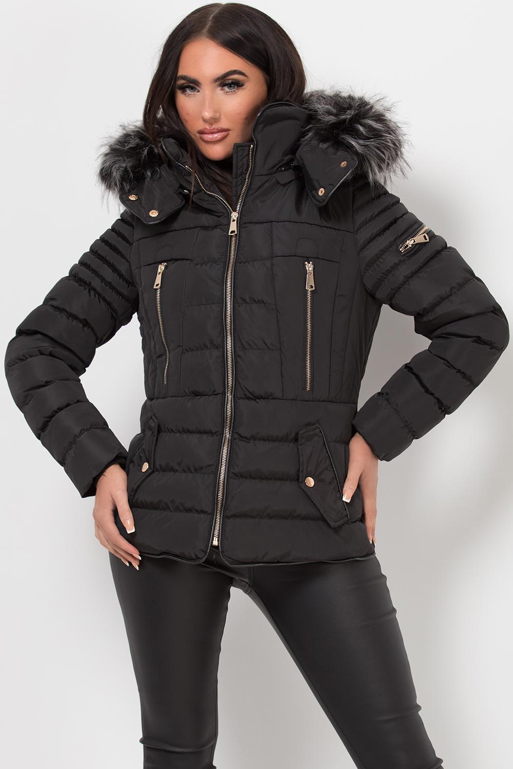 Lilian | Women’s black hooded faux fur trim puffer jacket