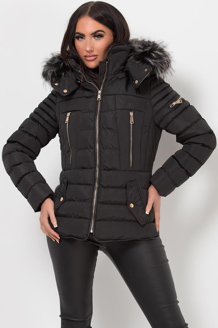 Lilian | Women’s black hooded faux fur trim puffer jacket