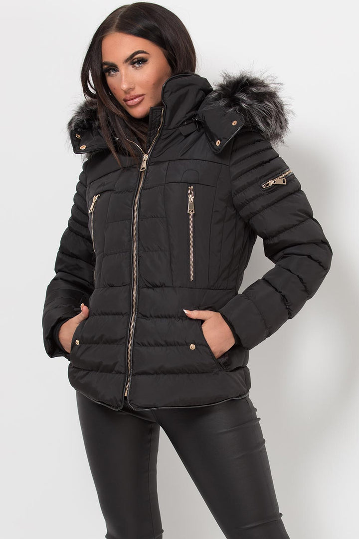 Lilian | Women’s black hooded faux fur trim puffer jacket