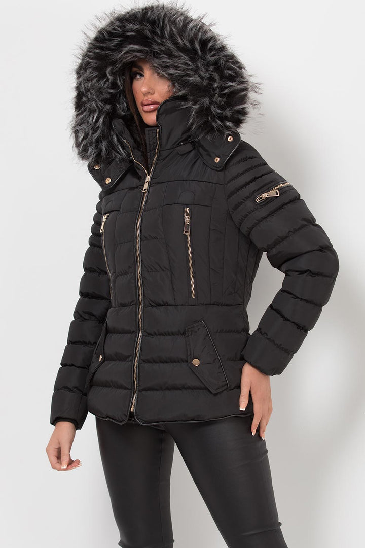 Lilian | Women’s black hooded faux fur trim puffer jacket
