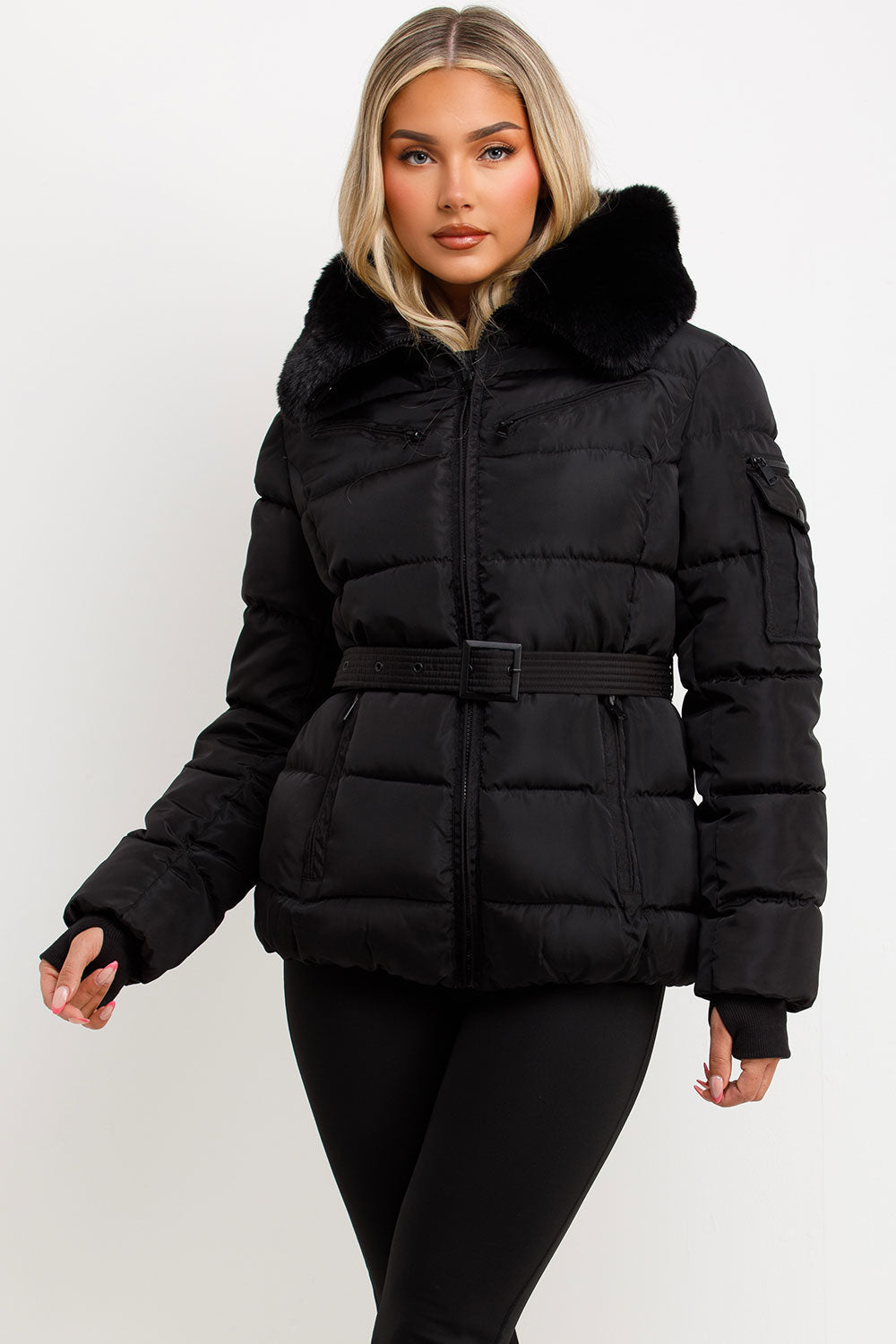 Jaylen | Women’s belted puffer jacket with faux fur hood