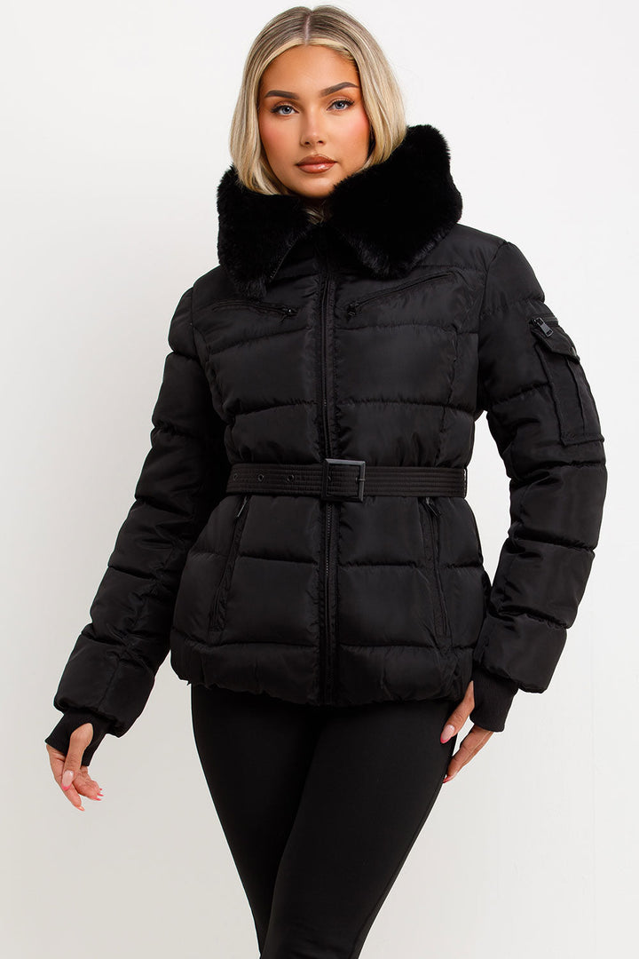 Jaylen | Women’s belted puffer jacket with faux fur hood