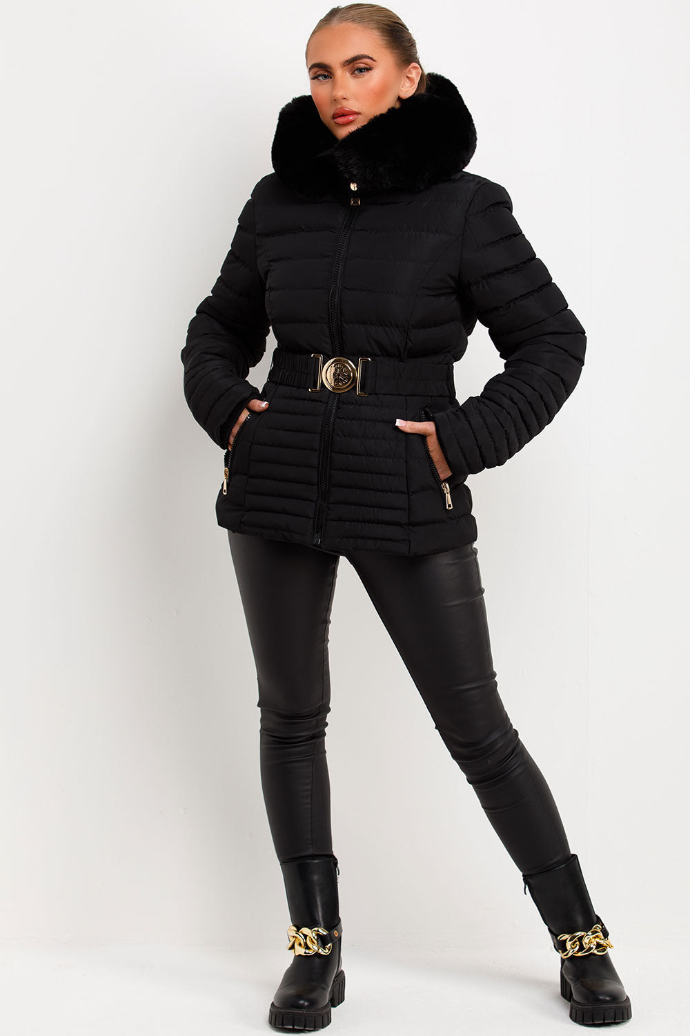 Kahlani | Women’s padded puffer jacket with faux fur hood and belt