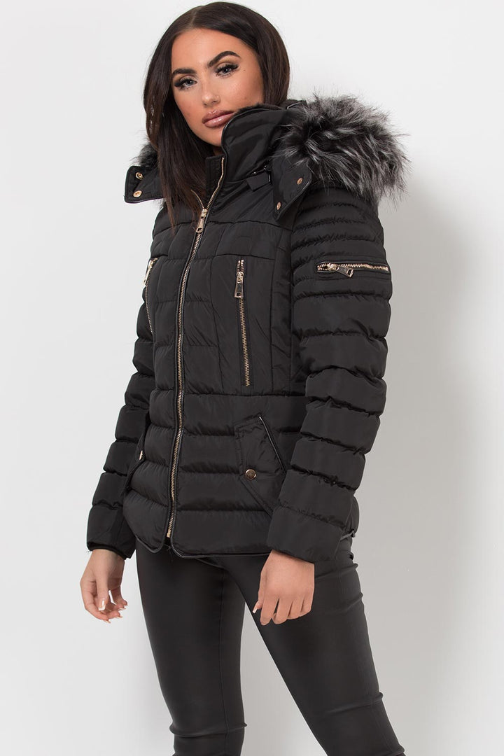 Lilian | Women’s black hooded faux fur trim puffer jacket
