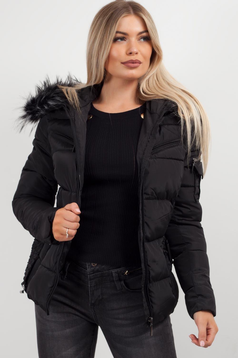 Reya | Women’s belted puffer jacket with faux-fur hood