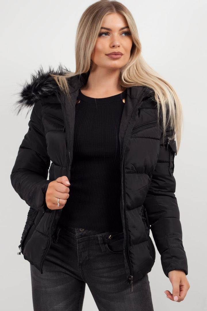 Reya | Women’s belted puffer jacket with faux-fur hood