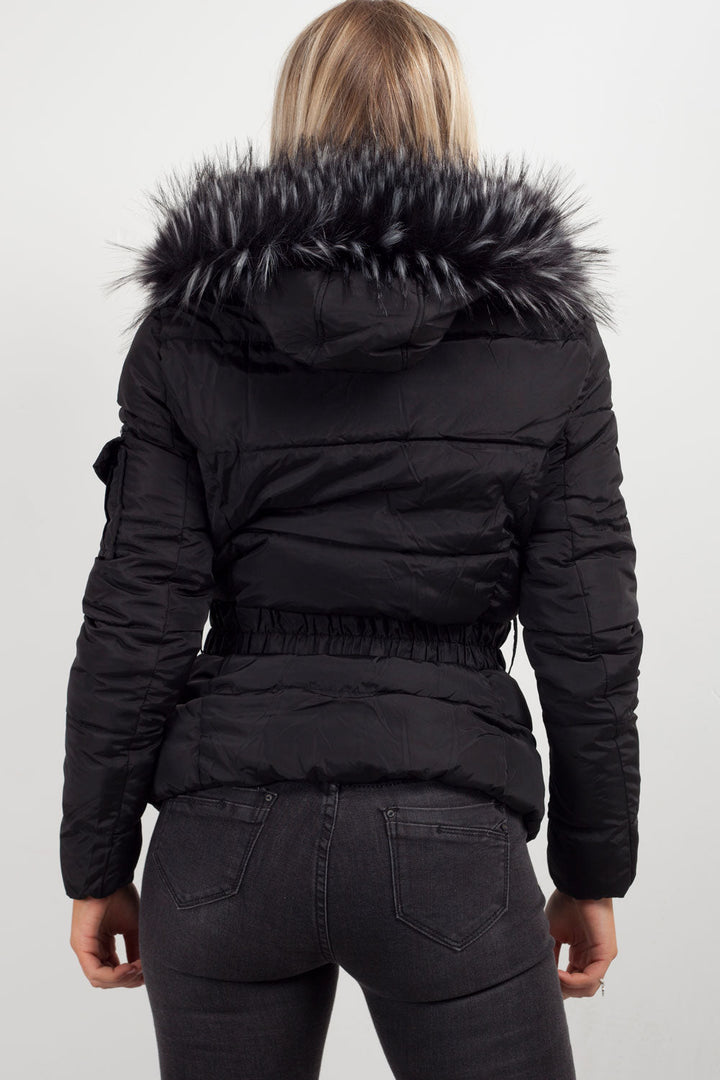 Reya | Women’s belted puffer jacket with faux-fur hood