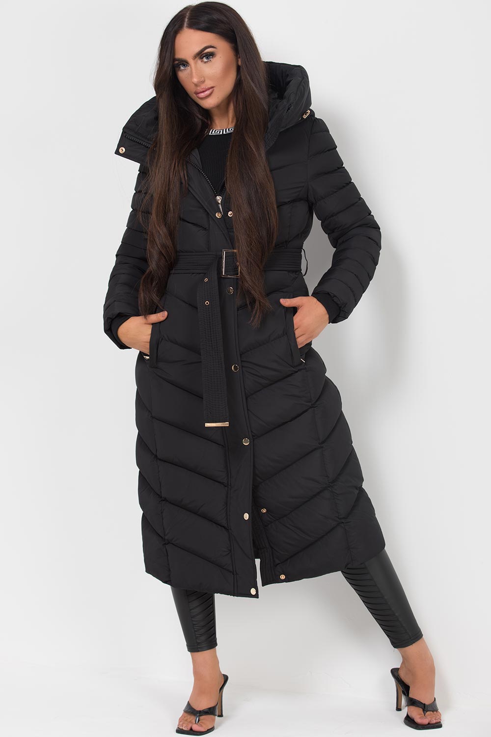 Lara | Women’s longline belted puffer coat with hood