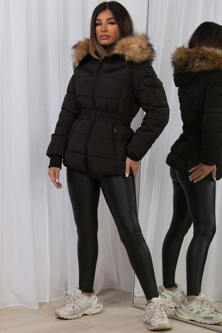 Ameliee | Women’s belted puffer jacket with faux fur hood