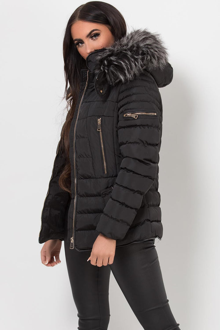 Lilian | Women’s black hooded faux fur trim puffer jacket