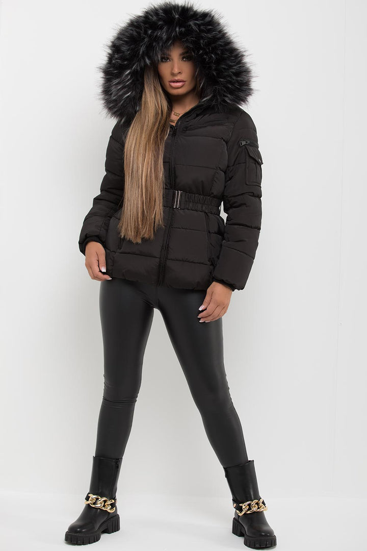 Reya | Women’s belted puffer jacket with faux-fur hood