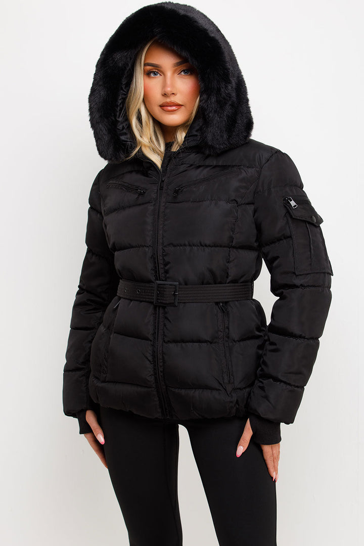 Jaylen | Women’s belted puffer jacket with faux fur hood