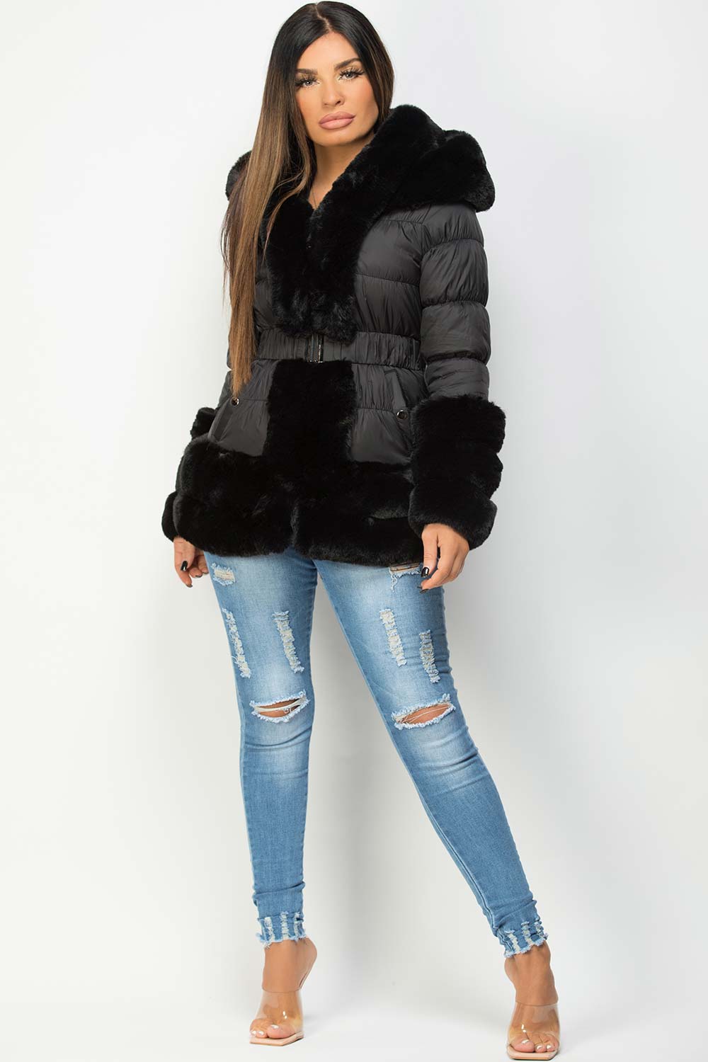 Rayna | Women’s belted puffer jacket with luxury faux fur trim