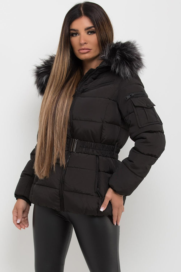Reya | Women’s belted puffer jacket with faux-fur hood
