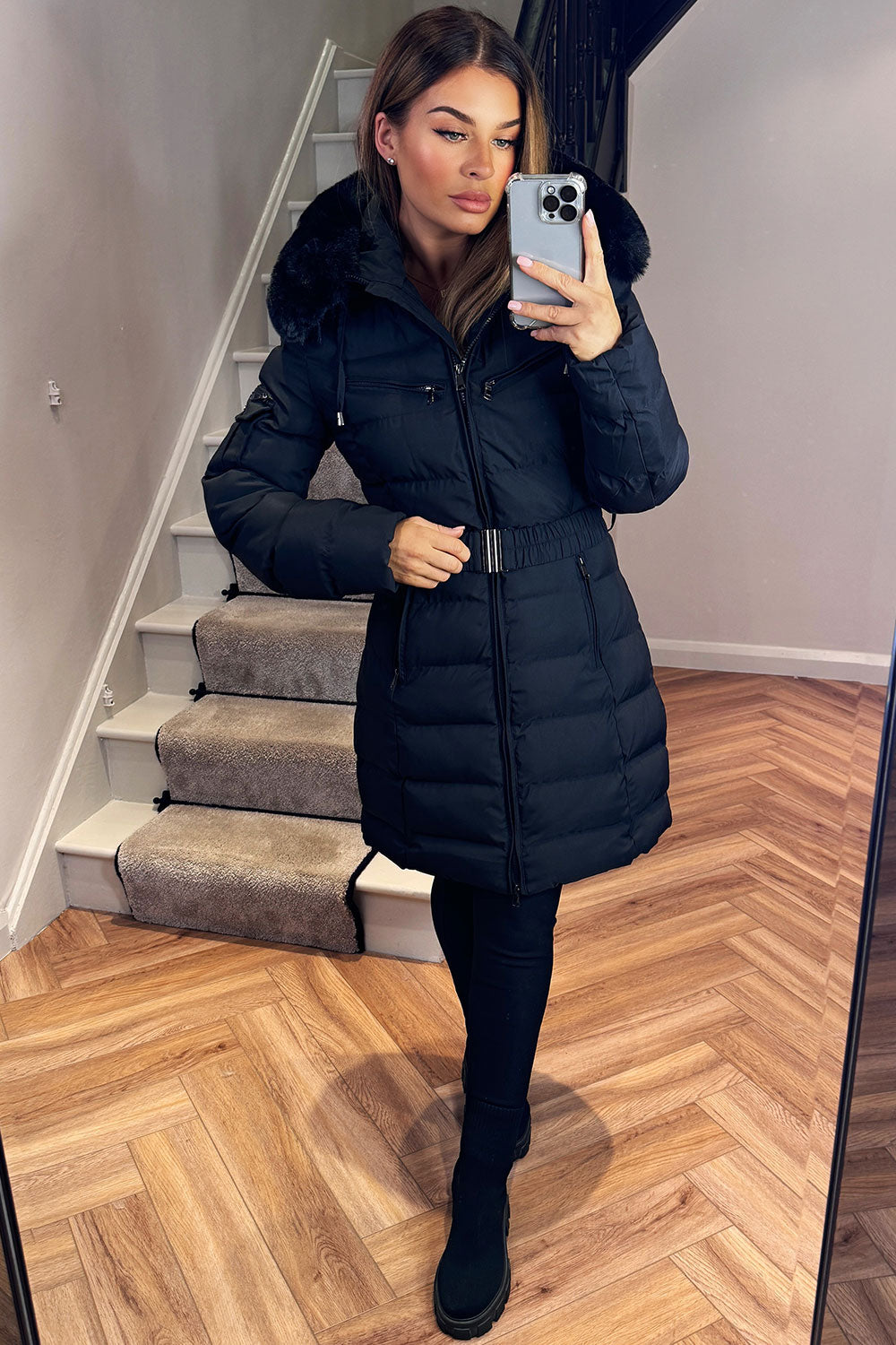 Khloe | Women’s long puffer coat with faux fur hood