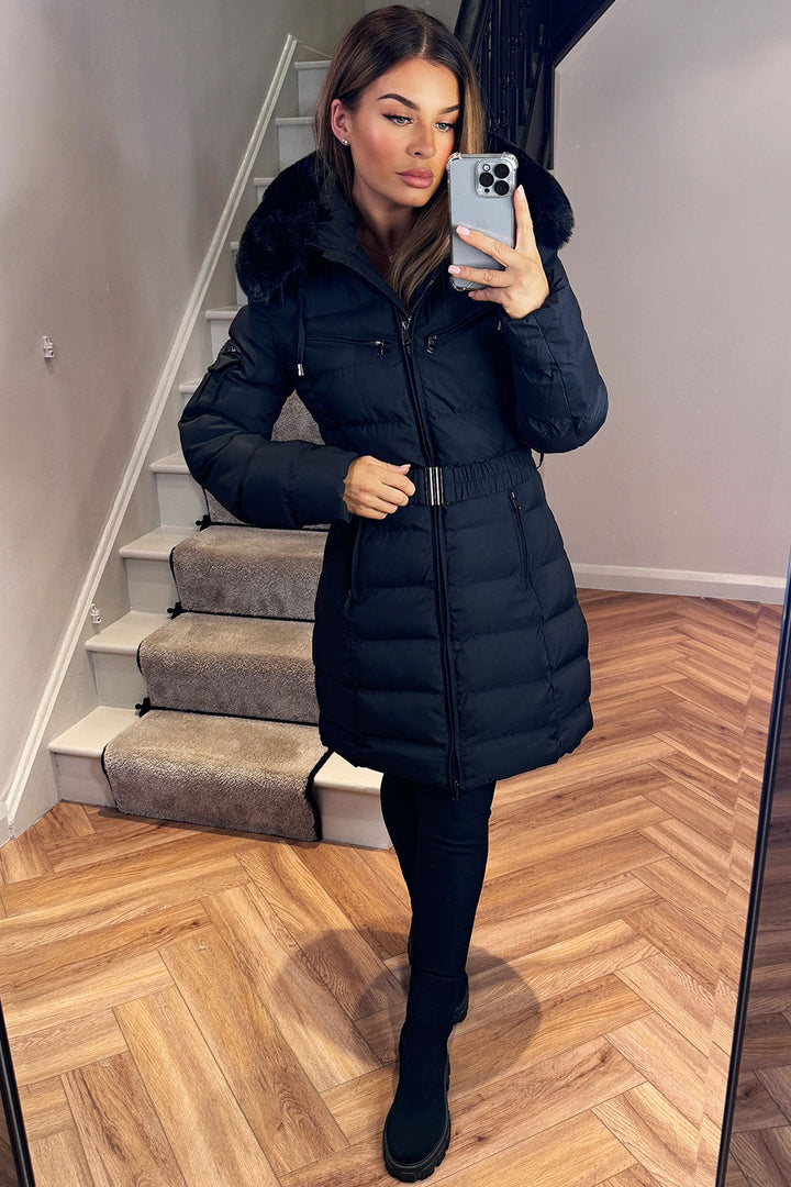 Khloe | Women’s long puffer coat with faux fur hood