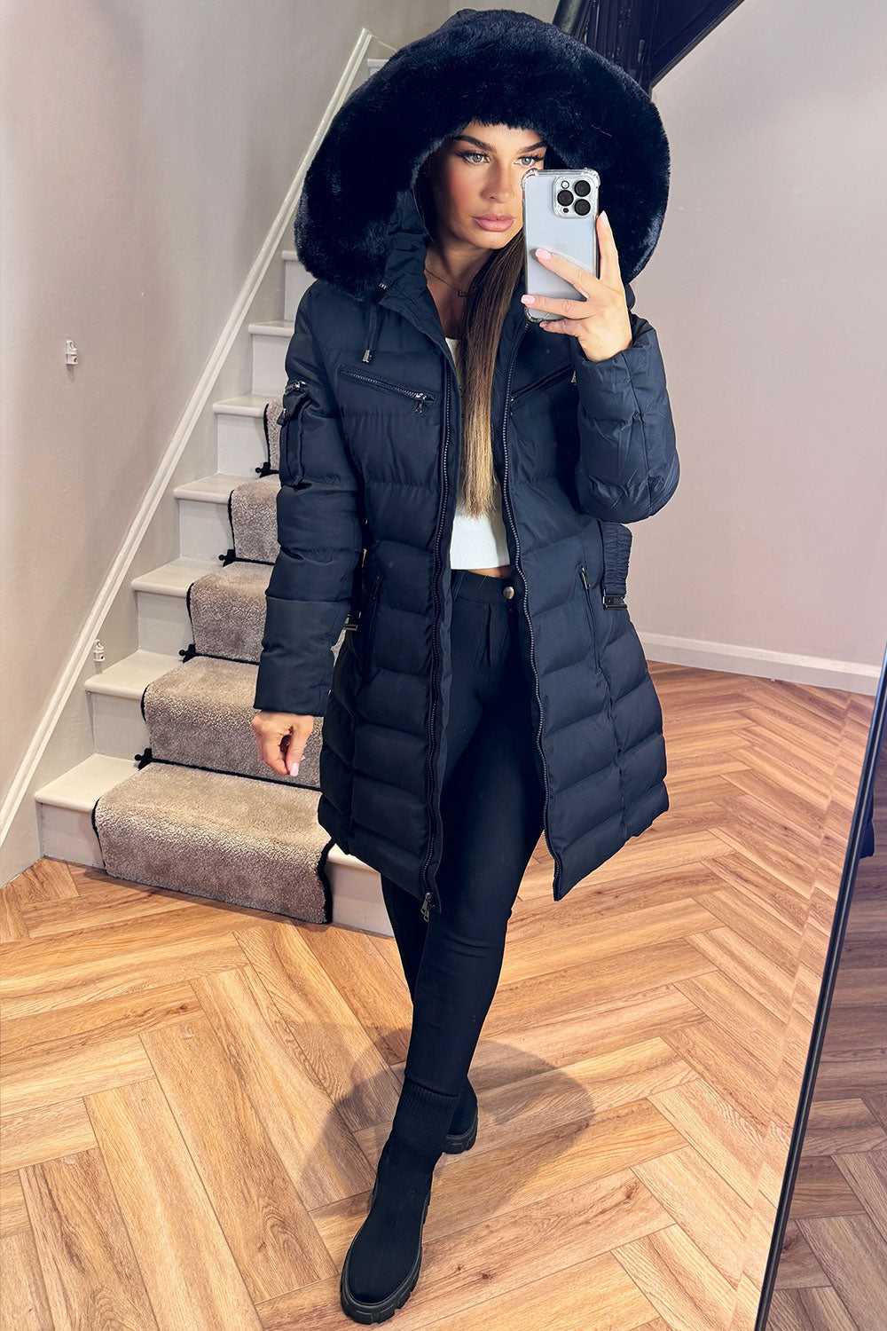 Khloe | Women’s long puffer coat with faux fur hood