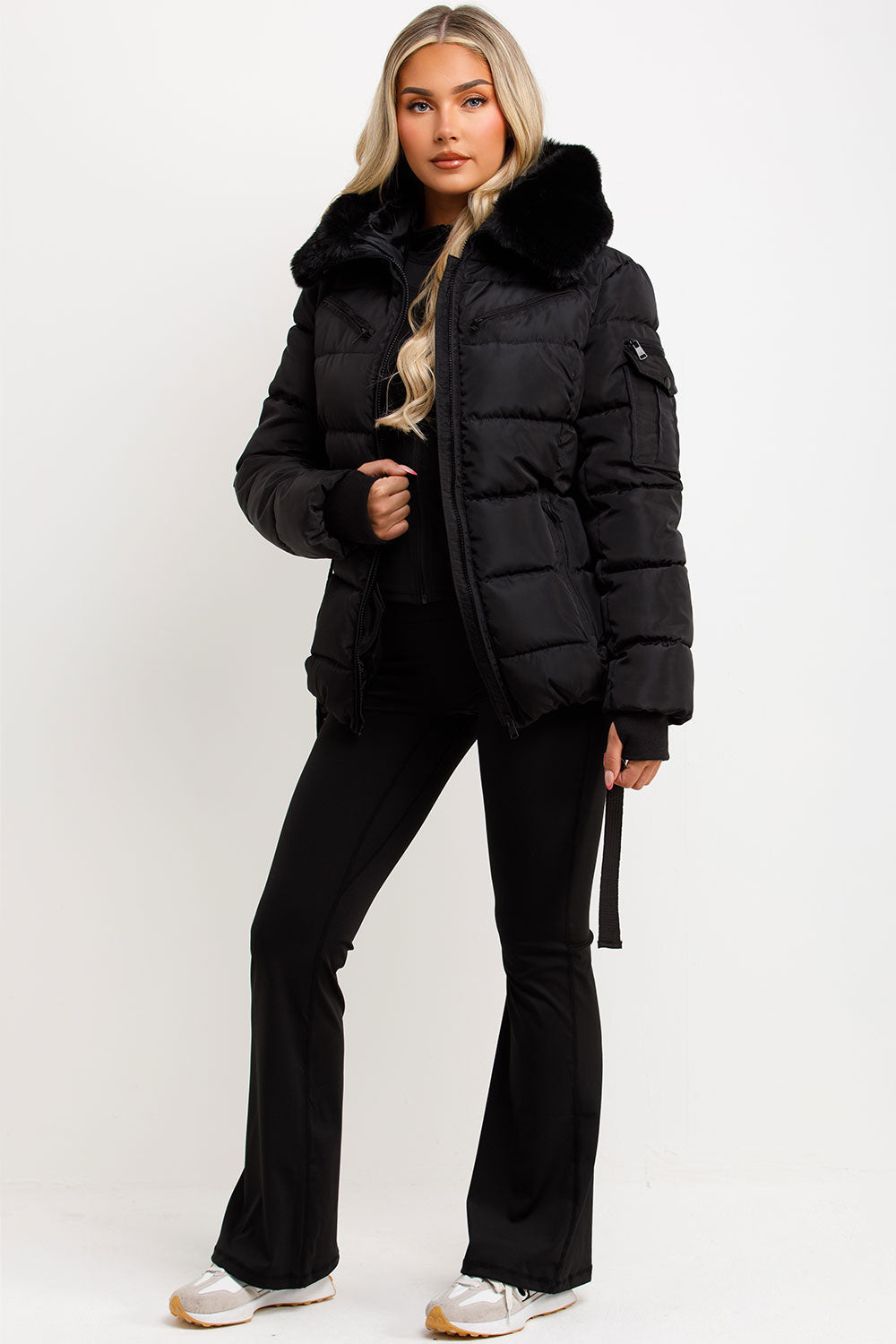 Jaylen | Women’s belted puffer jacket with faux fur hood