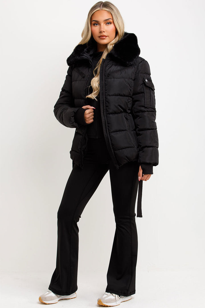 Jaylen | Women’s belted puffer jacket with faux fur hood
