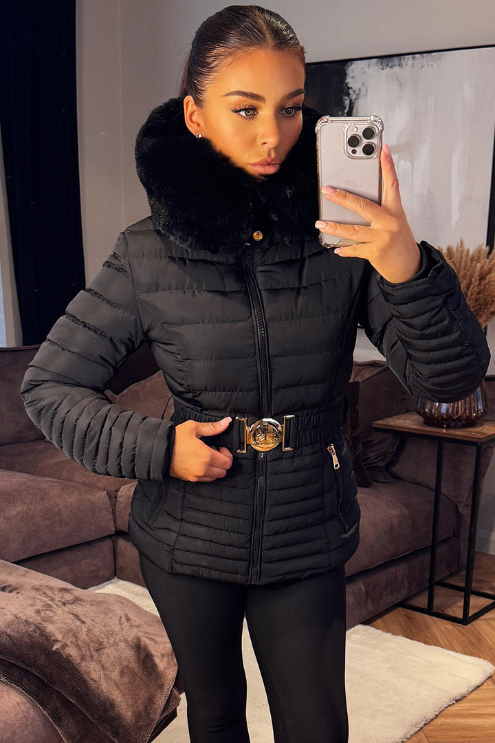 Kahlani | Women’s padded puffer jacket with faux fur hood and belt