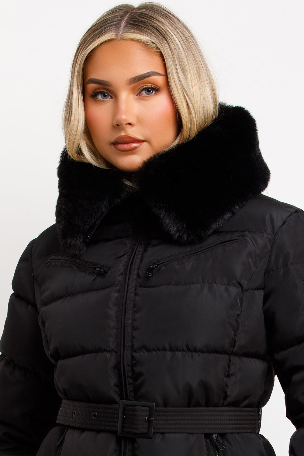 Jaylen | Women’s belted puffer jacket with faux fur hood