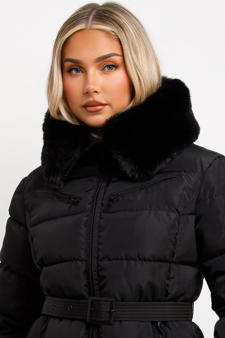 Jaylen | Women’s belted puffer jacket with faux fur hood