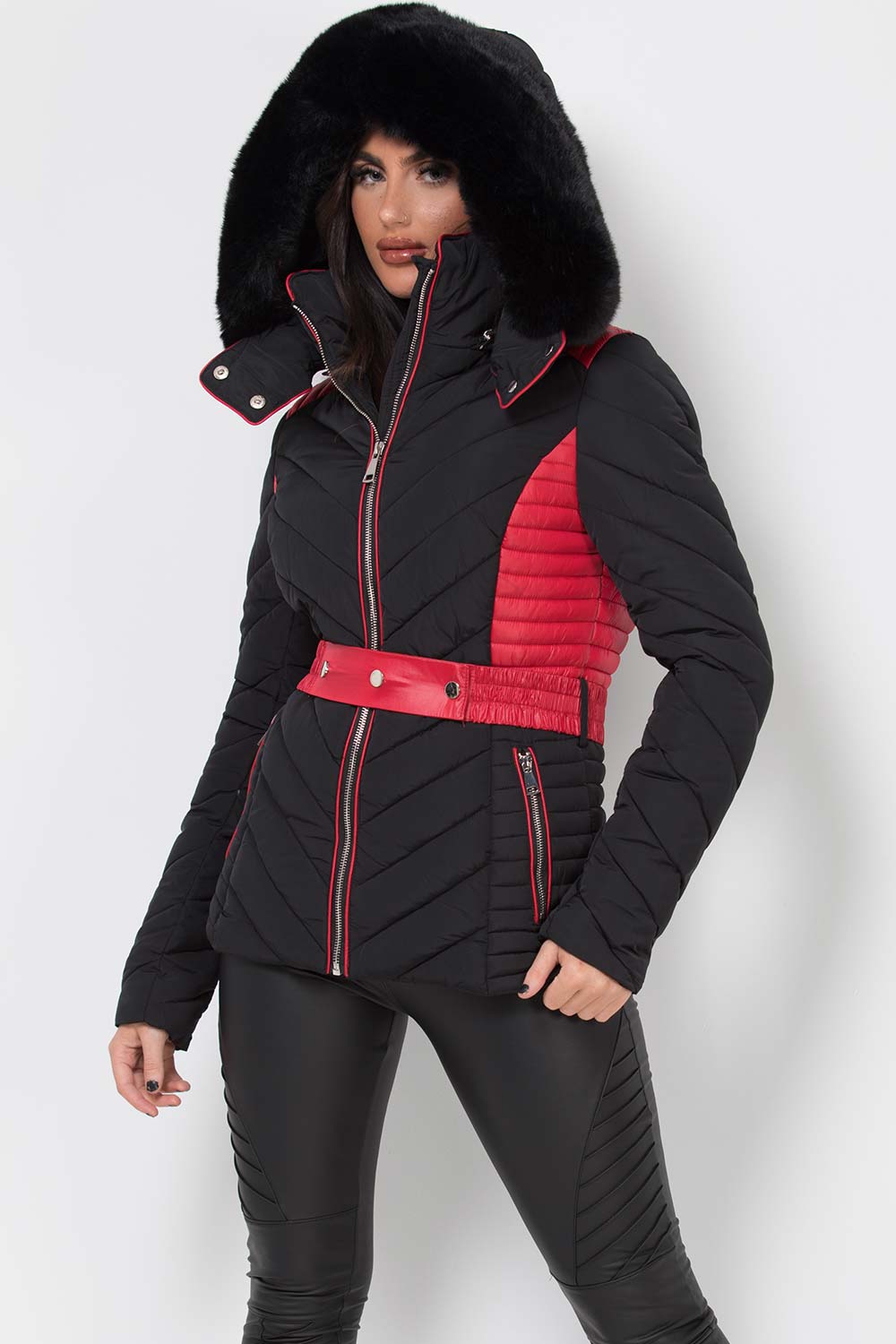 Avayah | Women’s puffer jacket with faux fur hood and belt