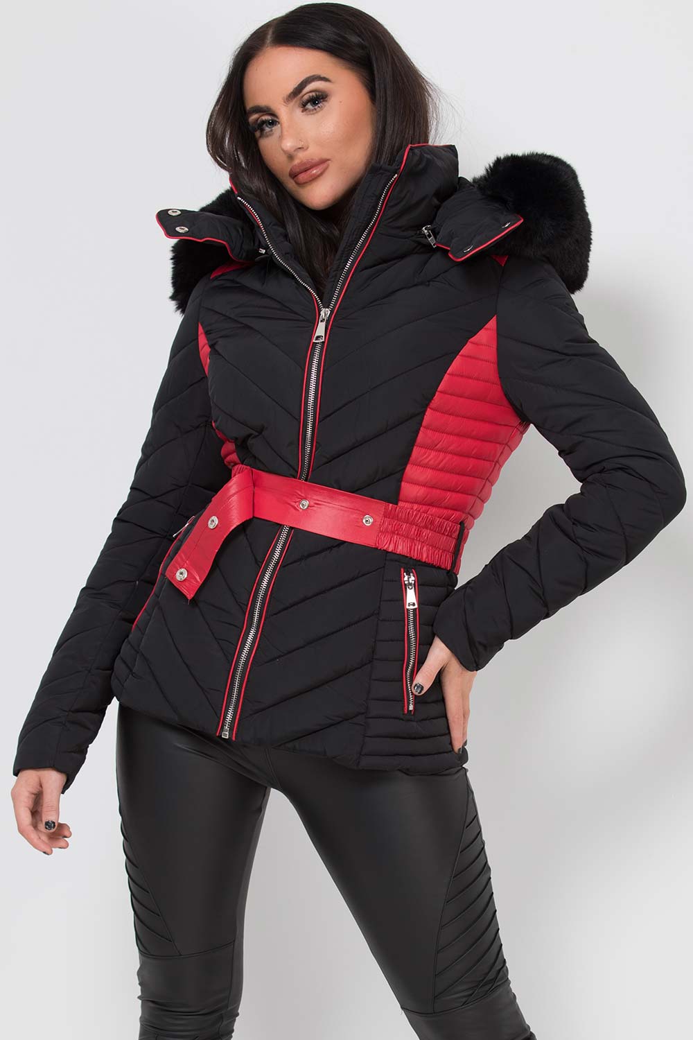 Avayah | Women’s puffer jacket with faux fur hood and belt