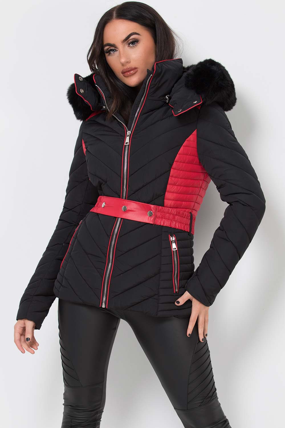 Avayah | Women’s puffer jacket with faux fur hood and belt