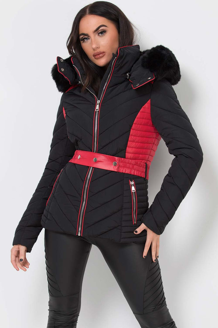 Avayah | Women’s puffer jacket with faux fur hood and belt