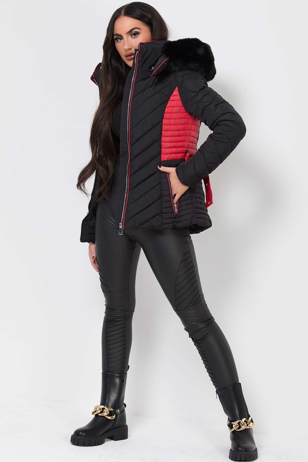 Avayah | Women’s puffer jacket with faux fur hood and belt
