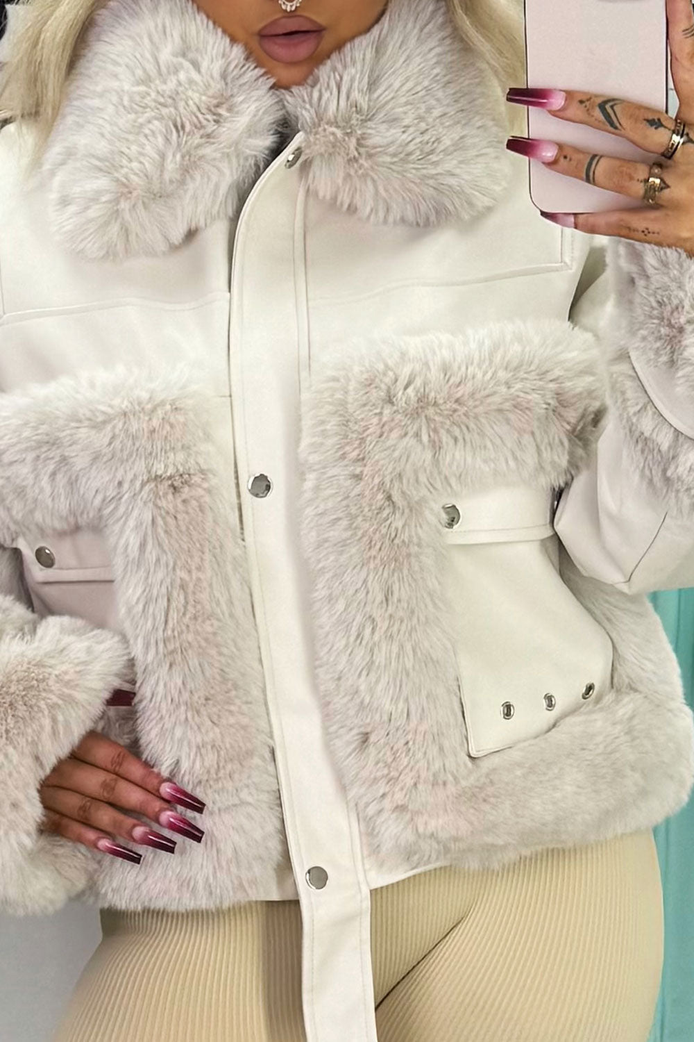 Callista | Women’s faux leather jacket with faux fur trim