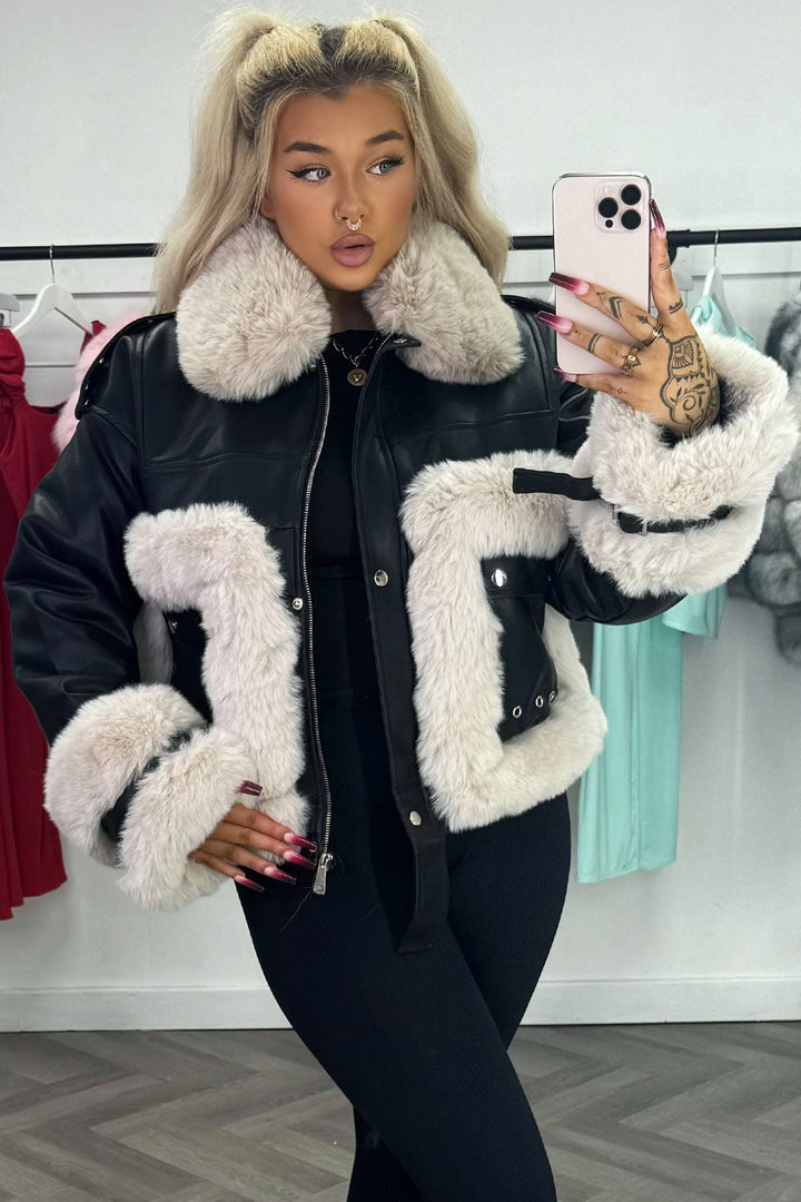 Jayla | Women’s faux leather jacket with contrast faux fur trim