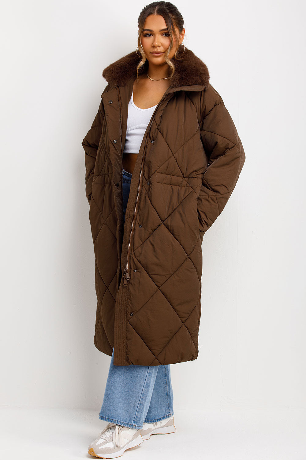 Avelina | Women’s long puffer quilted winter coat with faux fur collar