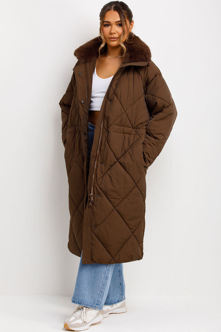 Avelina | Women’s long puffer quilted winter coat with faux fur collar