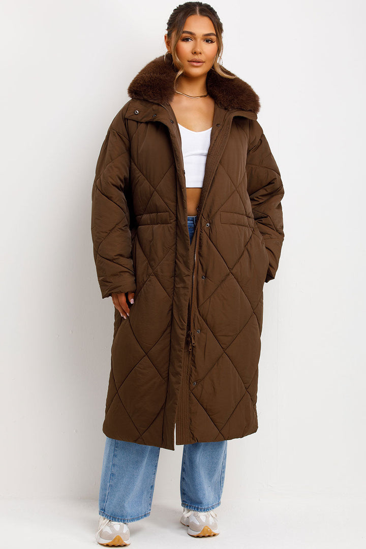 Avelina | Women’s long puffer quilted winter coat with faux fur collar