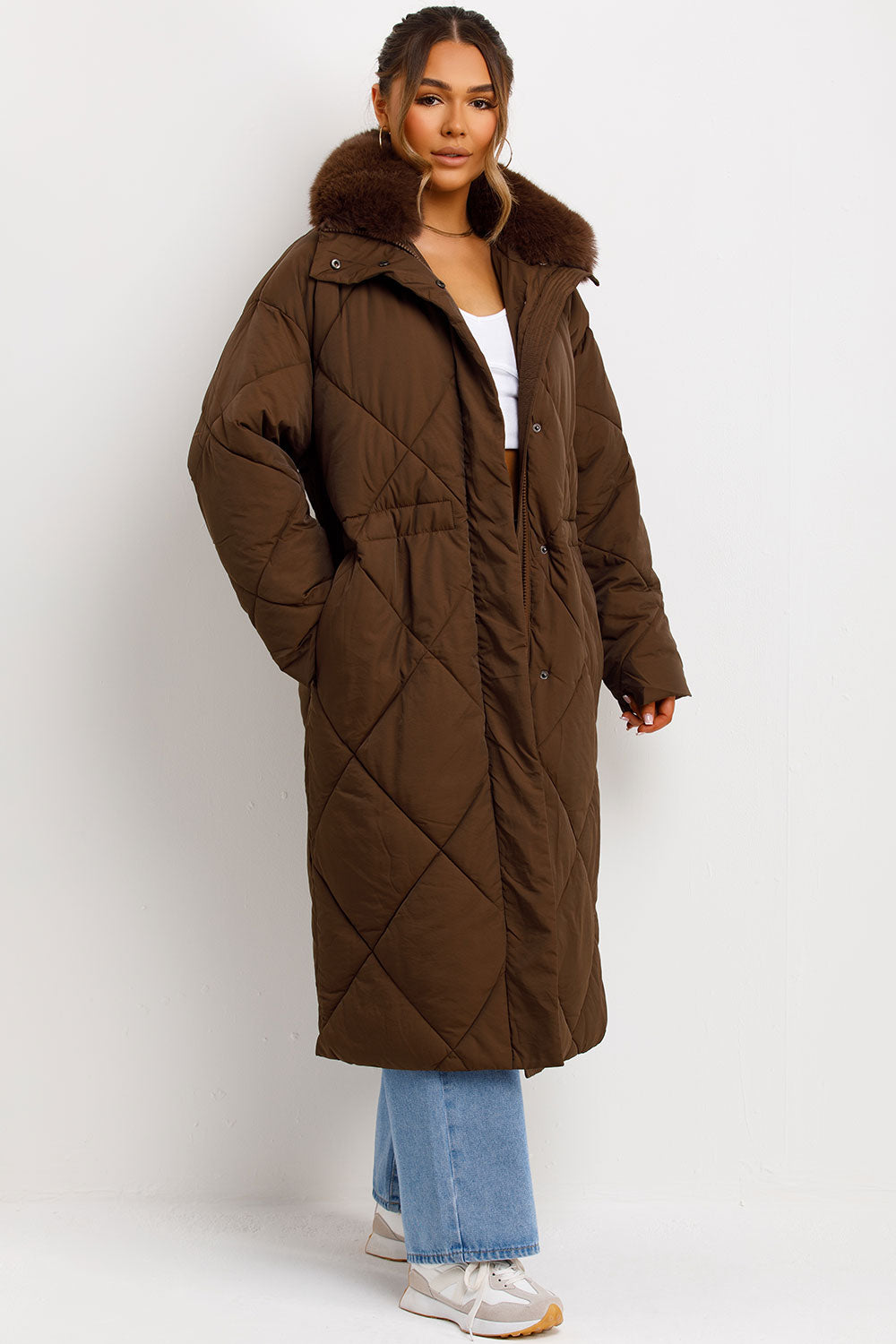 Avelina | Women’s long puffer quilted winter coat with faux fur collar
