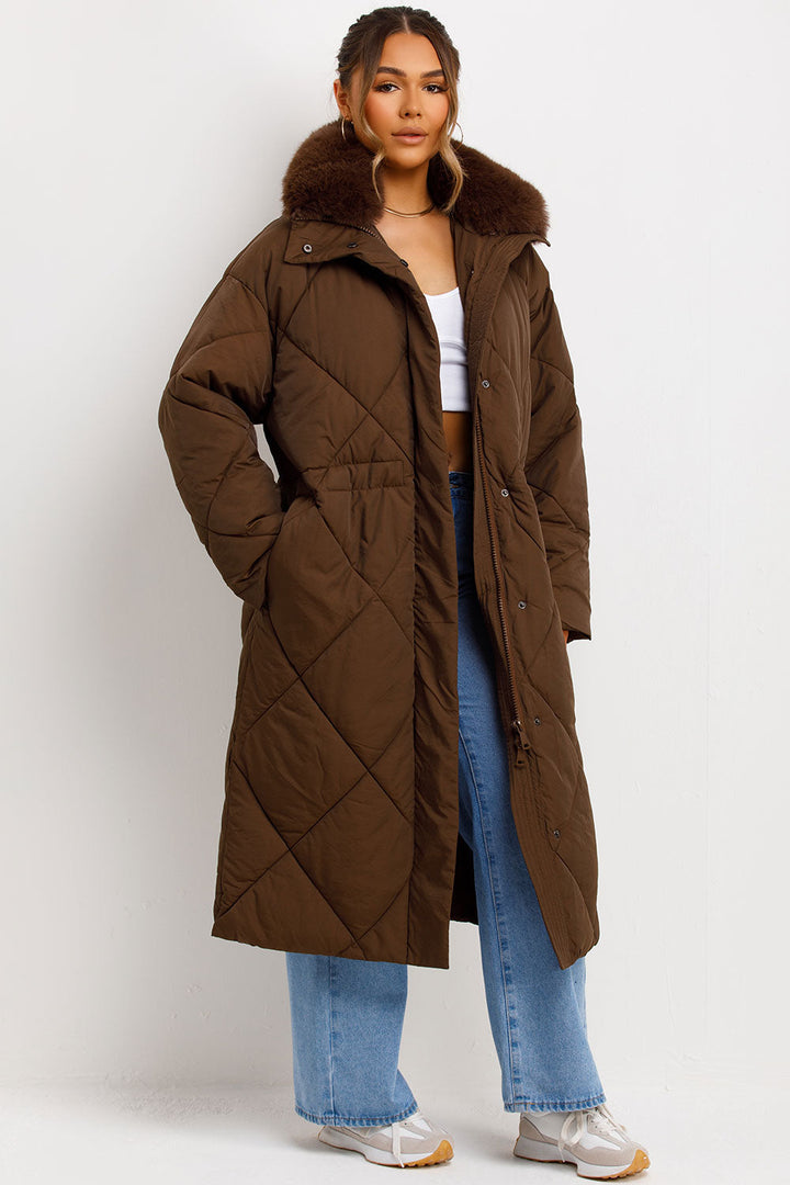 Avelina | Women’s long puffer quilted winter coat with faux fur collar