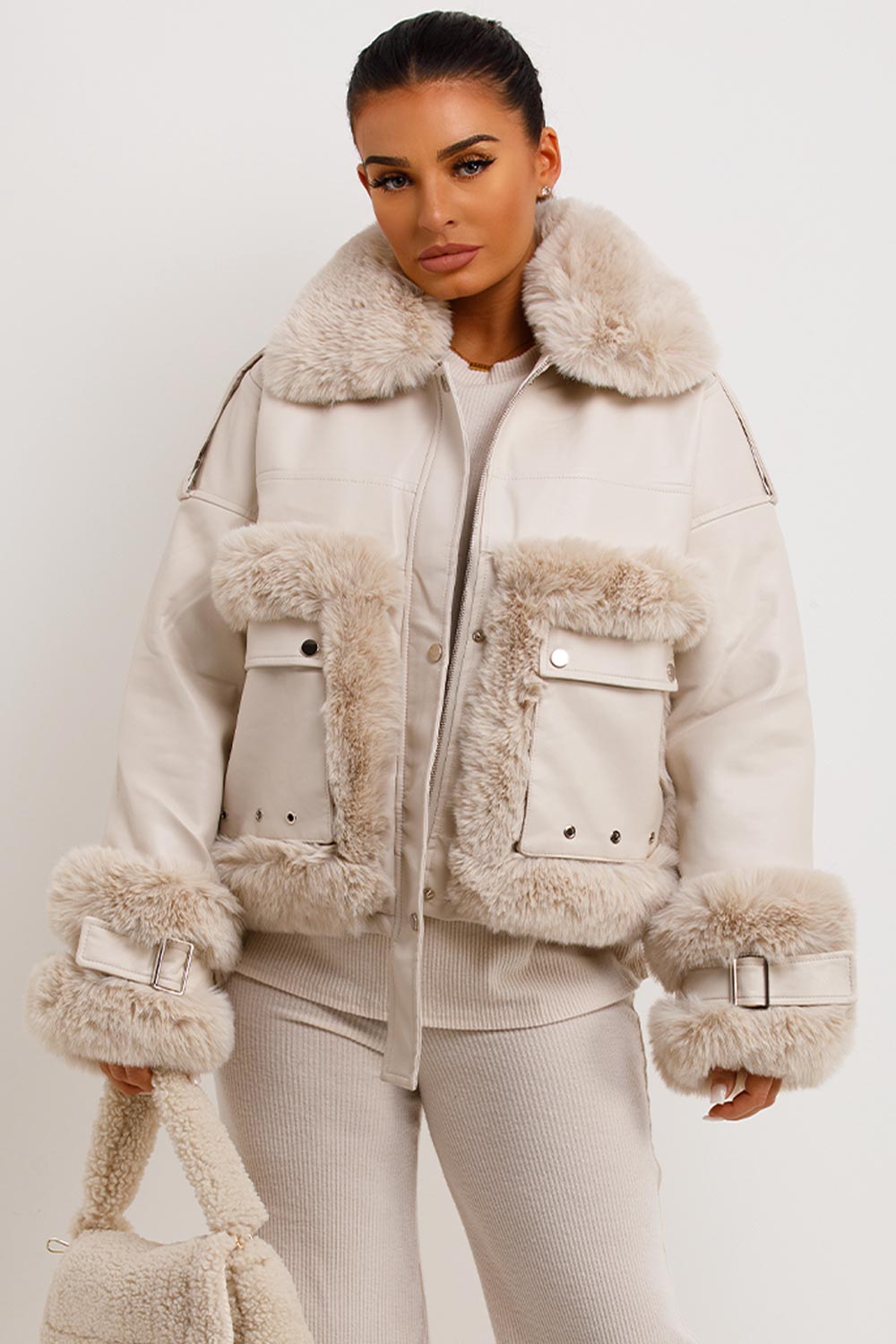 Callista | Women’s faux leather jacket with faux fur trim