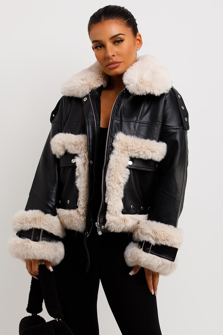 Jayla | Women’s faux leather jacket with contrast faux fur trim