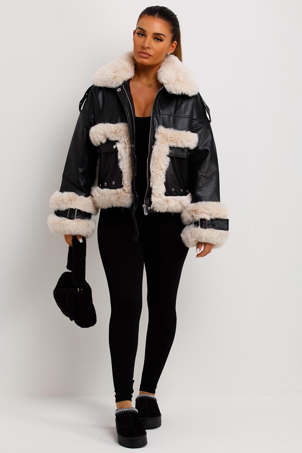 Jayla | Women’s faux leather jacket with contrast faux fur trim