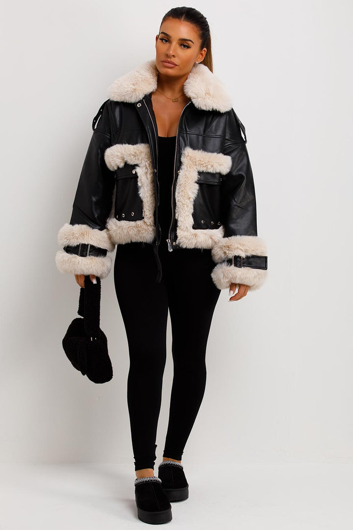 Jayla | Women’s faux leather jacket with contrast faux fur trim