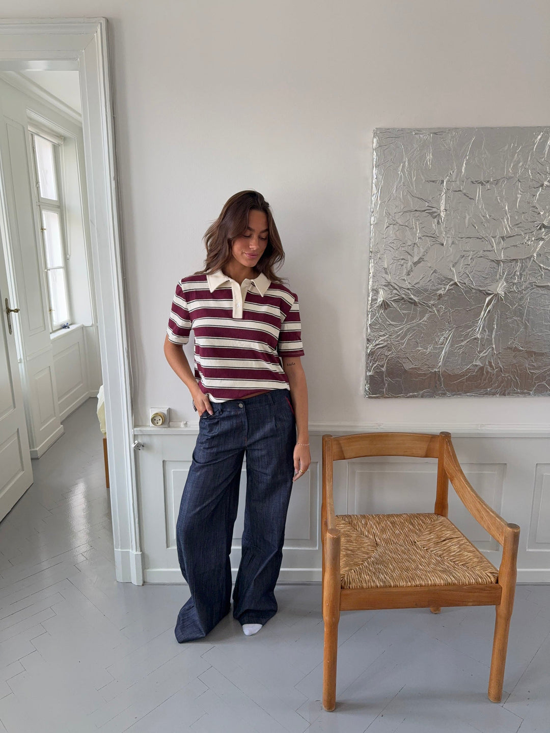 Sasha | Women’s trousers with contrast stitching and wide waistband