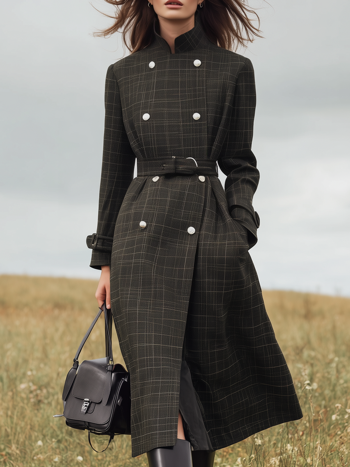 Jobelle | Women’s belted long plaid trench coat with double-breasted design