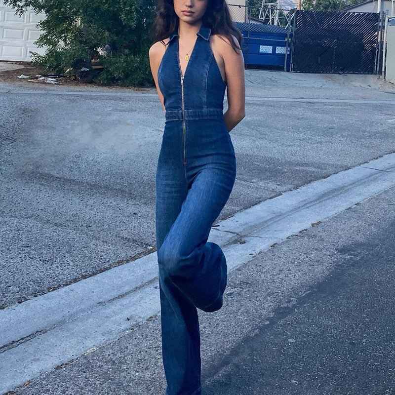 Niana | Women’s halter denim jumpsuit with zipper and flared leg