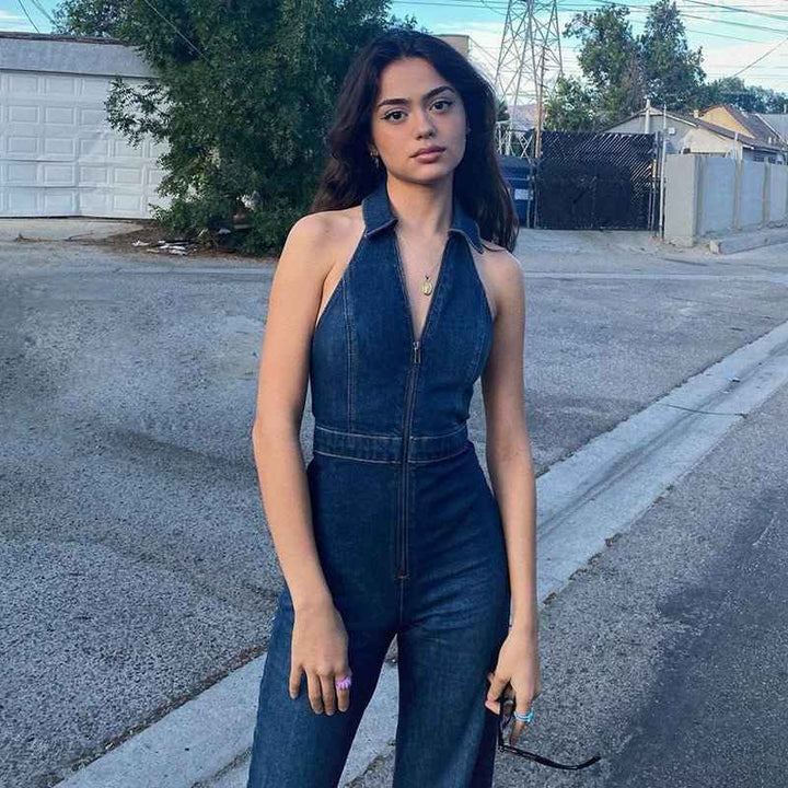 Niana | Women’s halter denim jumpsuit with zipper and flared leg