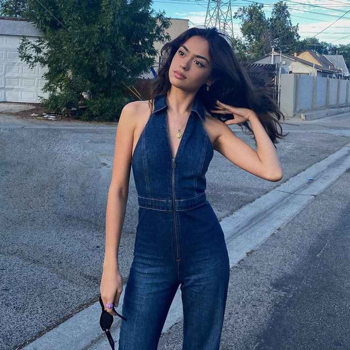 Niana | Women’s halter denim jumpsuit with zipper and flared leg