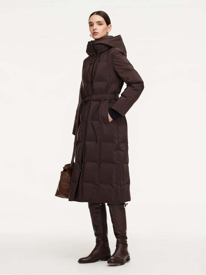 Maci | Women’s long hooded quilted coat with adjustable waist belt