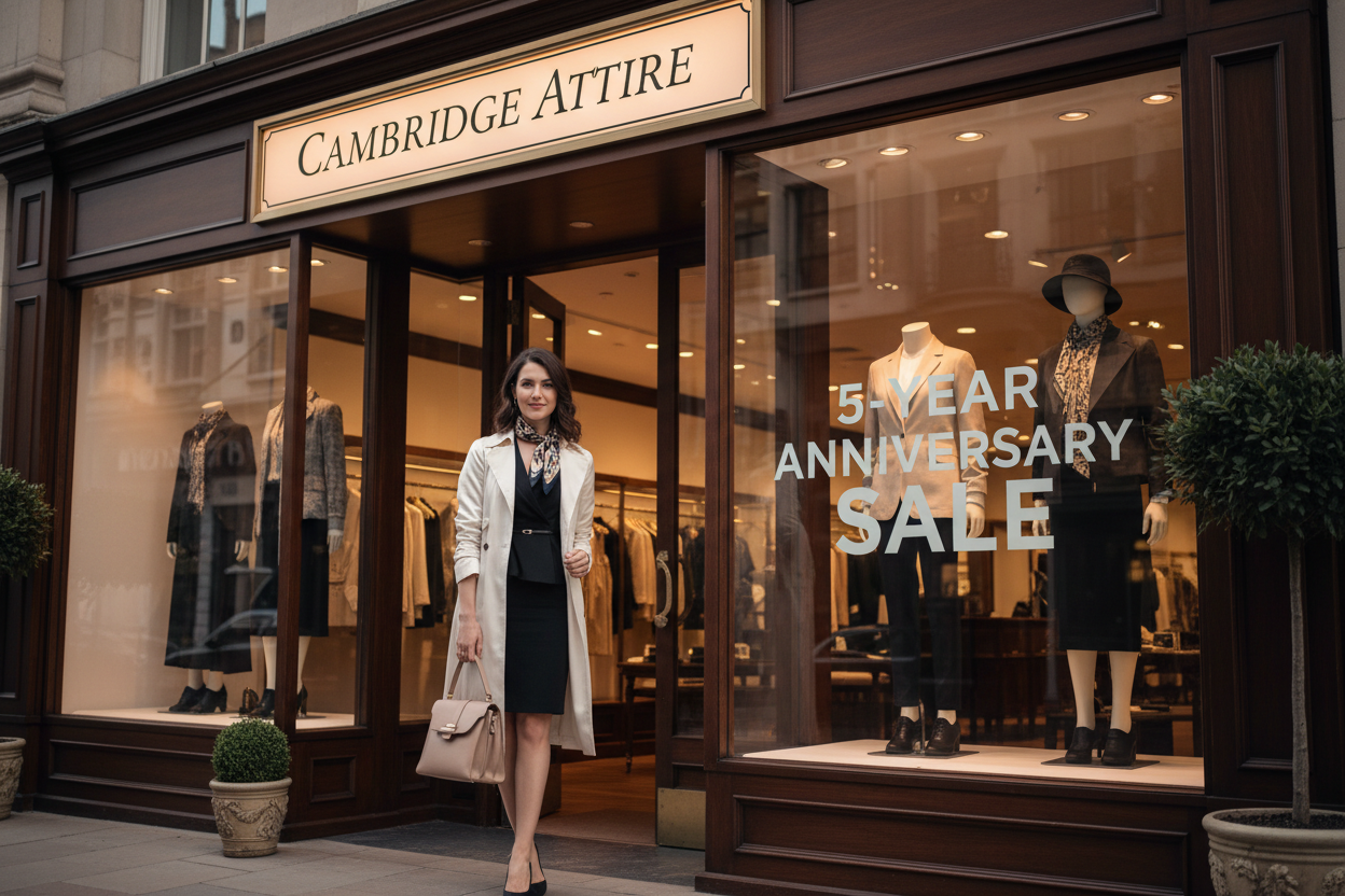 Close-up image of a stylish woman standing in front of a boutique storefront, shot from a different front angle for variety. The storefront sign at the top should clearly read “CAMBRIDGE ATTIRE” in elegant serif lettering with a clean, modern look. On the large window beside her, add very large, bold text that says: “5-YEAR ANNIVERSARY SALE.” Use natural, soft lighting and keep the overall style upscale, clean, and similar to the example image.